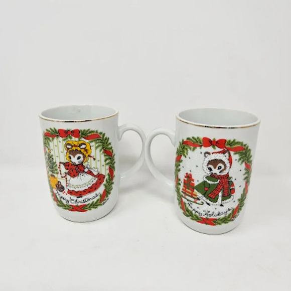 Vintage Pair Two George Good Merry Christmas Mouse Tea Cups Holiday Japan Mugs - Picture 5 of 7